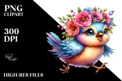 Happy Cute Baby Bird with Floral Wreath PNG Product Image 1