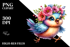 Happy Cute Baby Bird with Floral Wreath PNG Product Image 2