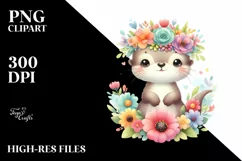 Cartoon Style Pastel Otter with Flower Crown | Clipart Product Image 1