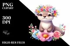 Cartoon Style Pastel Otter with Flower Crown | Clipart Product Image 1