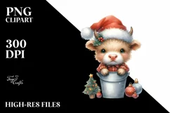 Watercolor Whimsical Highland Cow in Bucket with Santa Hat Product Image 2