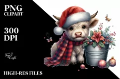 Watercolor Whimsical Highland Cow in Bucket with Santa Hat Product Image 2