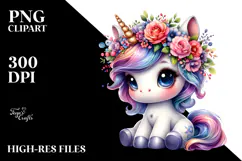 Cute Unicorn Sitting with Floral Wreath PNG Product Image 2