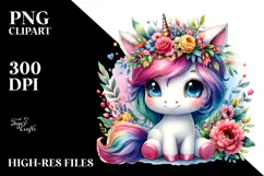 Cute Unicorn Sitting with Floral Wreath PNG Product Image 2