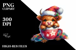 Watercolor Whimsical Colorful Highland Cow in Cup PNG Product Image 2