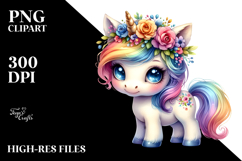 Cute Baby Unicorn with Floral Wreath PNG Product Image 2