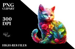 Abstract Vibrant Watercolor Kitten with Flowers and Leaves Product Image 1