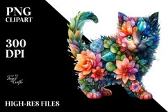 Abstract Vibrant Watercolor Kitten with Flowers and Leaves Product Image 1