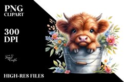 Cute Baby Highland Cow in Bucket with Flowers PNG Product Image 3