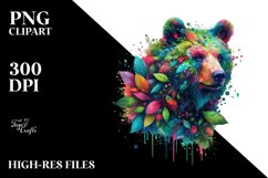 Abstract Vibrant Watercolor Bear with Leaves and Splashes Product Image 1
