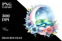 Cute Baby Frog on Moon with Flowers | Sublimation | Clipart Product Image 2