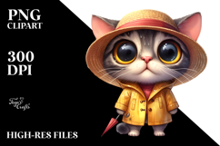 Expressive Cat in Raincoat | Watercolor Clipart Product Image 2