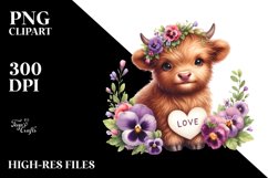 Cute Highland Cow Pansy Clipart Product Image 1