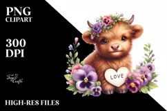 Cute Highland Cow Pansy Clipart Product Image 1