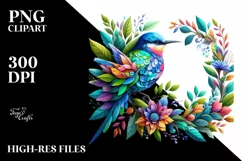 Abstract Vibrant Watercolor Bird with Flowers JPEG Product Image 1