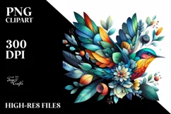 Abstract Vibrant Watercolor Bird with Flowers JPEG Product Image 1