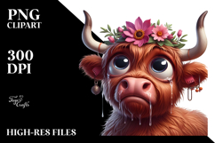 Goofy Highland Cow with Flower Crown, Soft PNG Product Image 2