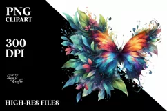 Abstract Vibrant Butterfly with Plant Leaves, PNG Product Image 1