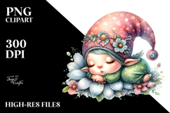 Digital Watercolor Adorned Baby Gnome Sleeping Flower PNG Product Image 2