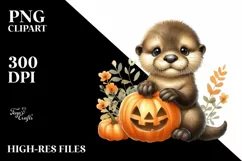 Cute Baby Otter Holding Halloween Pumpkin PNG Product Image 3