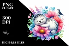 Colorful Baby Seal Sleeping in a Flower | Clipart Product Image 1