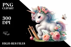 Cute Baby Unicorn Playing Cricket | Clipart Product Image 3
