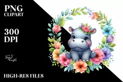 Baby Hippo Floral Watercolor Clipart Product Image 1