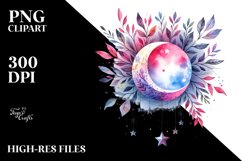 Vibrant Wimsical Moon with Foliage | Watercolor Clipart Product Image 2