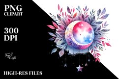 Vibrant Wimsical Moon with Foliage | Watercolor Clipart Product Image 3