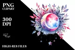 Vibrant Wimsical Moon with Foliage | Watercolor Clipart Product Image 3