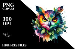 Abstract Vibrant Watercolor Owl with Leaves and Splashes Product Image 1