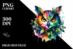 Abstract Vibrant Watercolor Owl with Leaves and Splashes Product Image 1