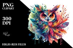 Abstract Vibrant Watercolor Owl with Leaves and Splashes Product Image 3