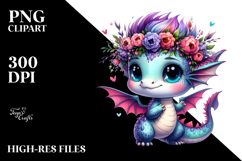 Cute Baby Dragon with Floral Wreath PNG Product Image 2