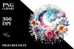 Vibrant Boho Moon with Flowers | Watercolor Clipart Product Image 1