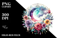 Vibrant Boho Moon with Flowers | Watercolor Clipart Product Image 2