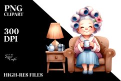 Old Lady Character on Sofa with Mug | Sublimation | Clipart Product Image 1