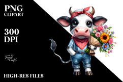 Watercolor Cow with Bandana and Flower Bouquet | Clipart Product Image 2
