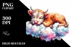 Baby Highland Cow Napping on Cloud PNG Product Image 1