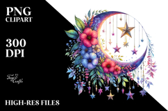 Vibrant Drawing of Moon and Stars with Flowers PNG Product Image 2