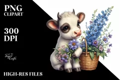 Cute Baby Cow Holding Flower Basket | Sublimation | Clipart Product Image 1