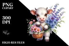 Cute Baby Cow Holding Flower Basket | Sublimation | Clipart Product Image 1