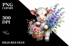 Cute Baby Cow Holding Flower Basket | Sublimation | Clipart Product Image 1