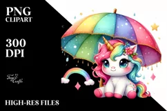 Baby Unicorn with Rainbow Umbrella PNG Product Image 1