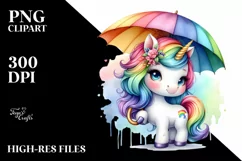Baby Unicorn with Rainbow Umbrella PNG Product Image 1