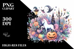 Vibrant Unicorn Halloween Scenery Watercolor | Sublimation Product Image 1