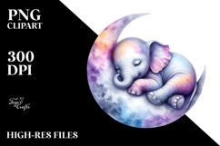 Sleeping Baby Elephant on Moon Clipart Product Image 2