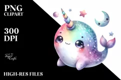 Colorful Baby Narwhal with Moon and Stars | Clipart Product Image 1