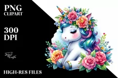 Cute Unicorn Sitting Floral Wreath PNG Product Image 3