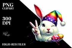Easter Bunny with Victory Sign in Watercolor PNG Product Image 2